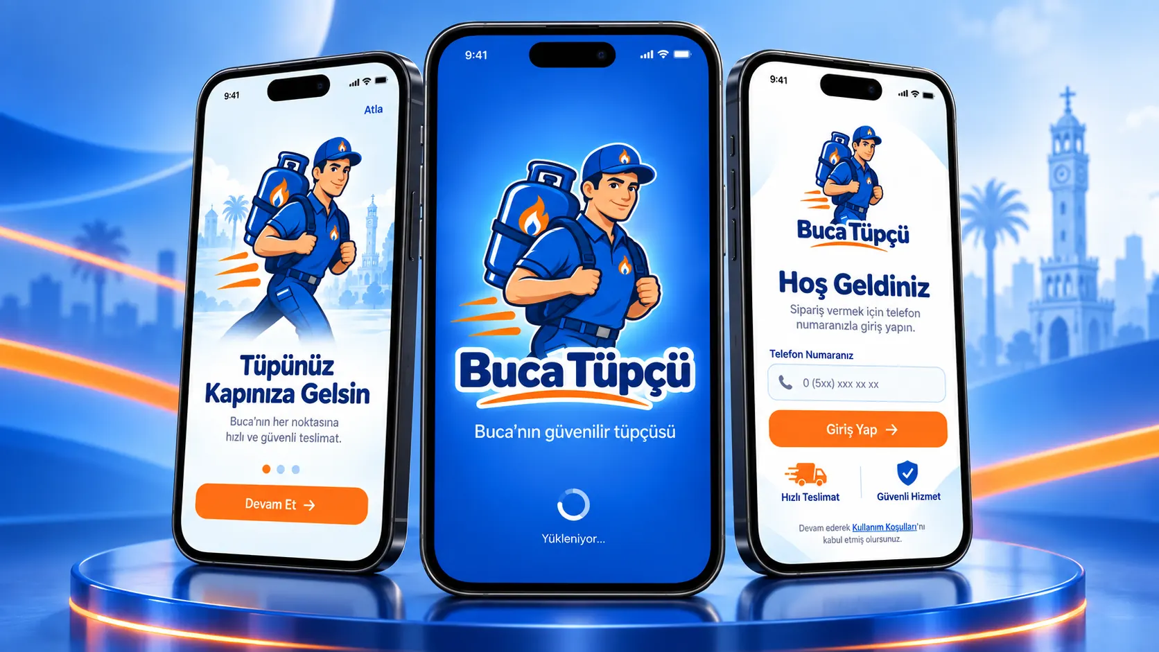 Buca Tüpçü uygulamasının açılış, karşılama ve giriş ekranları