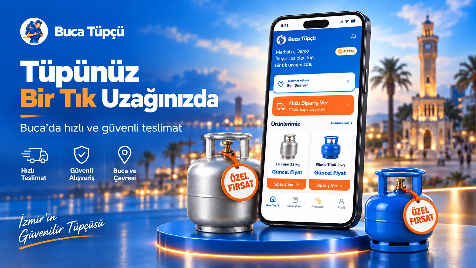 Buca Tüpçü uygulamasının ana ekranı, ev tüpü ve piknik tüpü